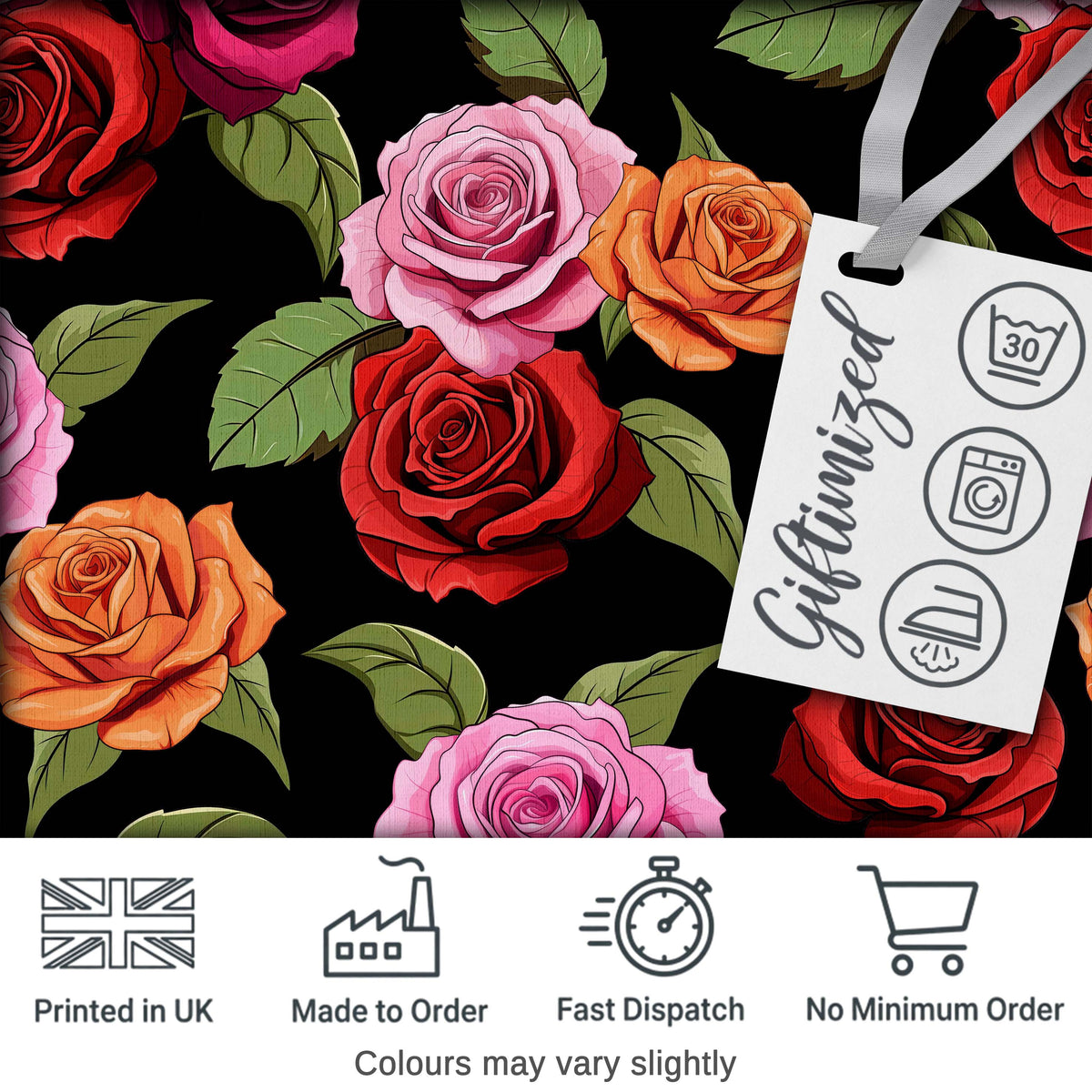 Bold Colorful Rose Flowers Seamless Pattern Black Background Digital Print Fabric by the Metre UK Sewing Quilting Textile