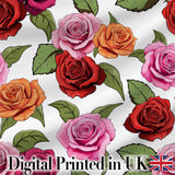 Bold Colorful Rose Flowers Seamless Pattern Light Grey Background Digital Print Fabric by the Metre UK Sewing Quilting Textile