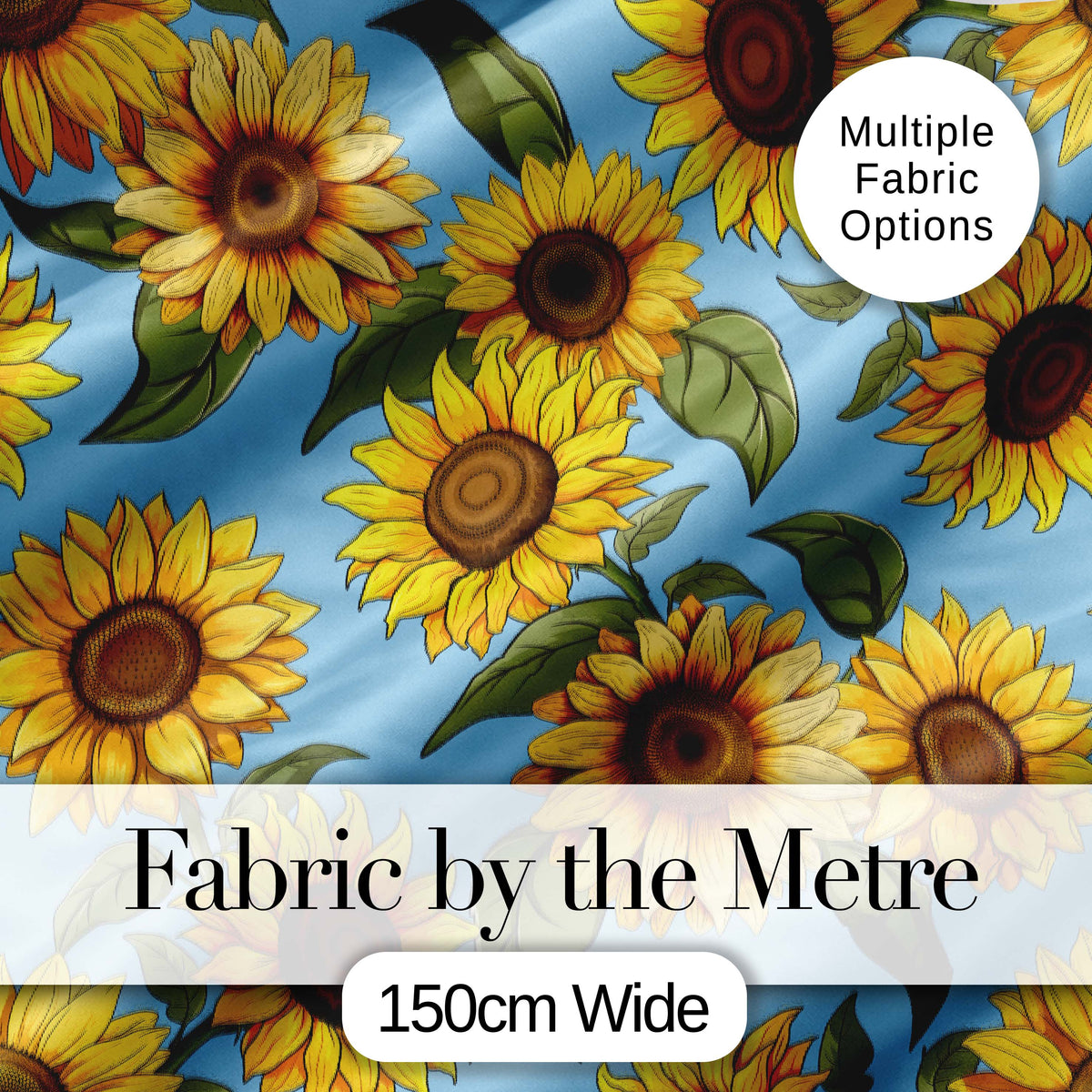 Bright Sunflower Floral Seamless Pattern Blue Background Digital Print Fabric by the Metre UK Sewing Quilting Textile