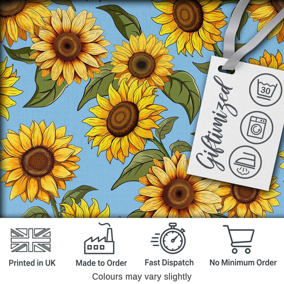 Bright Sunflower Floral Seamless Pattern Blue Background Digital Print Fabric by the Metre UK Sewing Quilting Textile