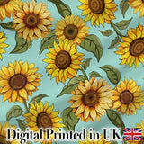 Bright Yellow Sunflower Floral Seamless Pattern Teal Blue Background Digital Print Fabric by the Metre UK Sewing Quilting Textile