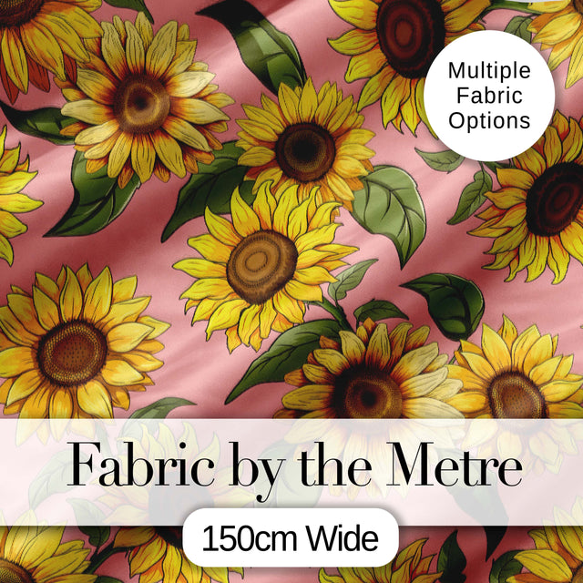 Bright Yellow Sunflower Floral Seamless Pattern Warm Coral Background Digital Print Fabric by the Metre UK Sewing Quilting Textile