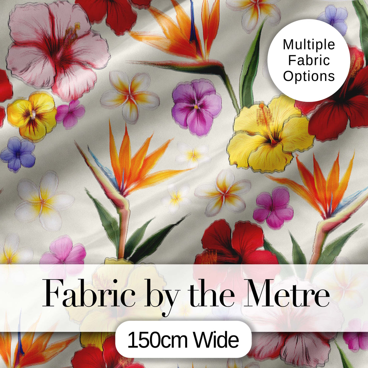 Tropical Hibiscus and Bird of Paradise Floral Seamless Pattern Cream Background Digital Print Fabric by the Metre UK Sewing Quilting Textile