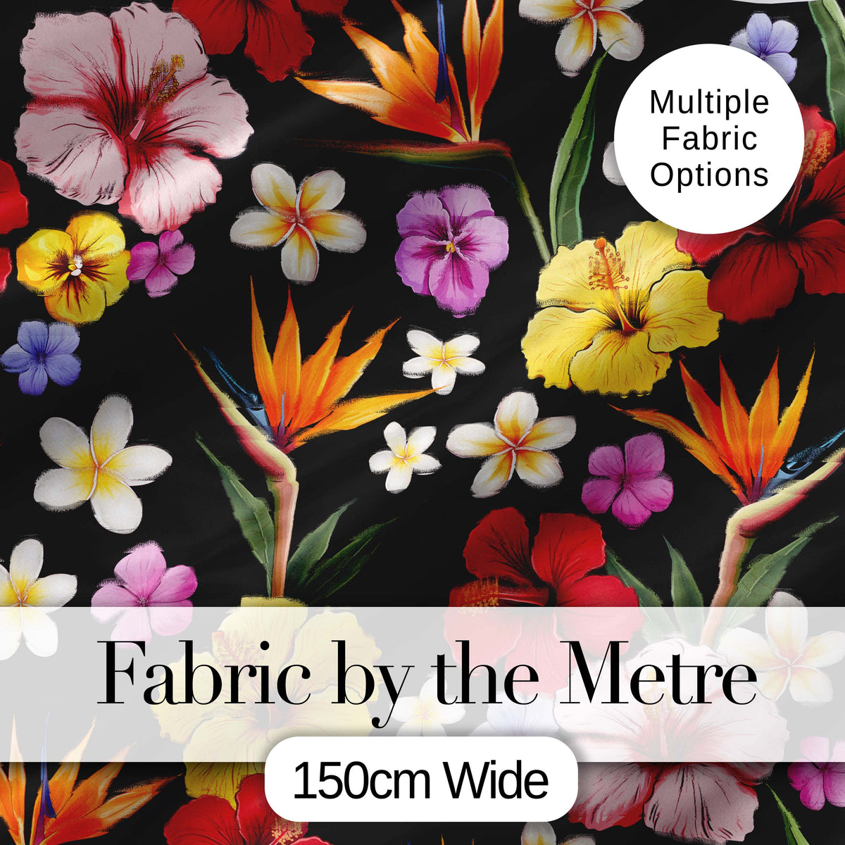 Tropical Hibiscus Bird of Paradise Floral Seamless Pattern Black Background Digital Print Fabric by the Metre UK Sewing Quilting Textile