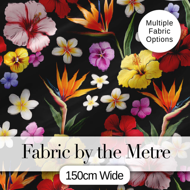 Tropical Hibiscus Bird of Paradise Floral Seamless Pattern Black Background Digital Print Fabric by the Metre UK Sewing Quilting Textile