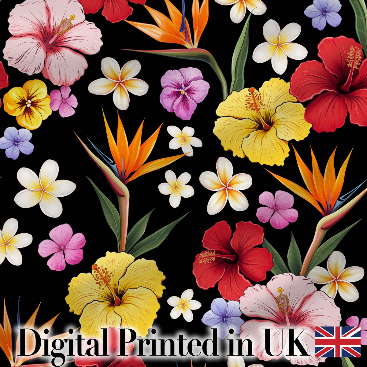 Tropical Hibiscus Bird of Paradise Floral Seamless Pattern Black Background Digital Print Fabric by the Metre UK Sewing Quilting Textile