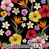 Tropical Hibiscus Bird of Paradise Floral Seamless Pattern Black Background Digital Print Fabric by the Metre UK Sewing Quilting Textile