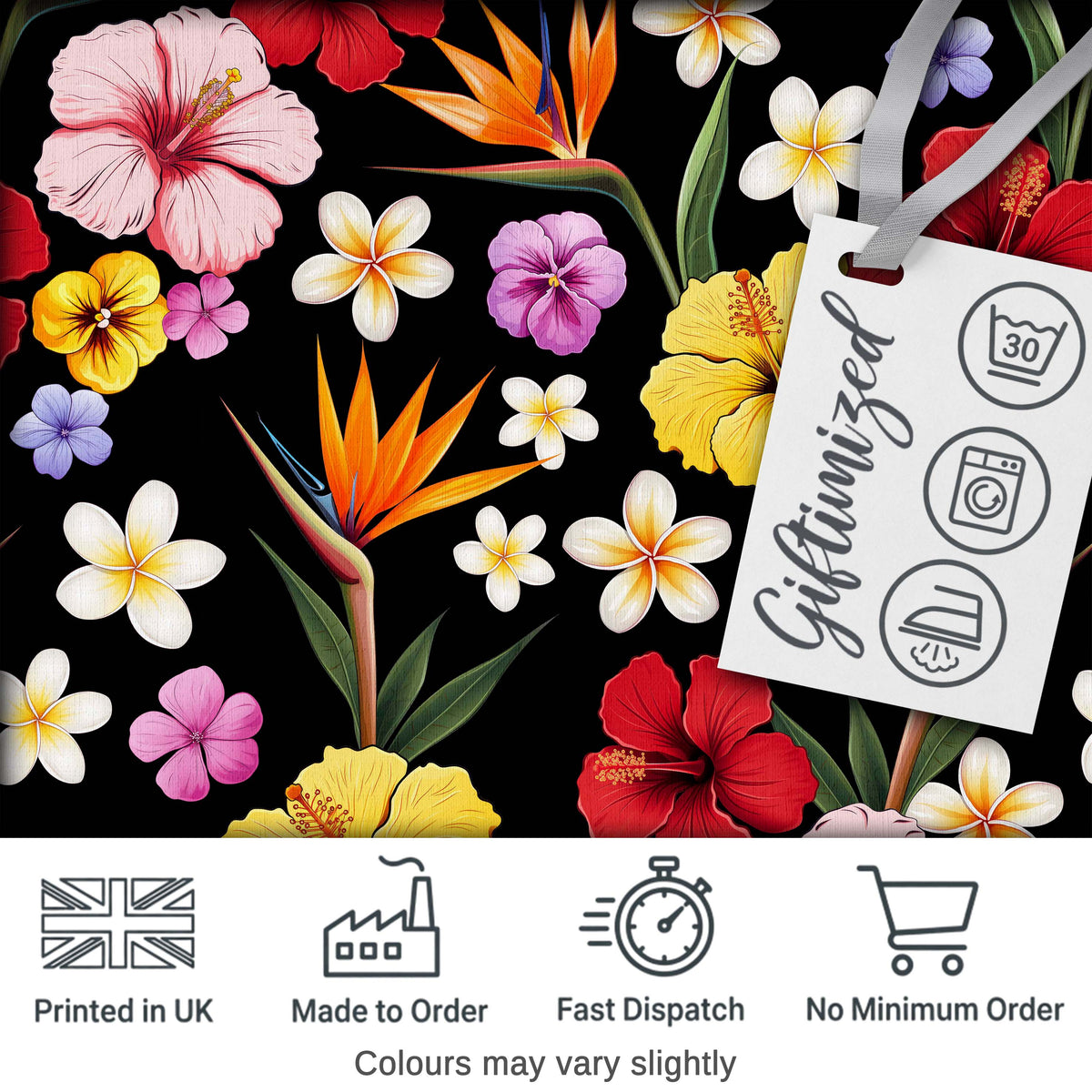 Tropical Hibiscus Bird of Paradise Floral Seamless Pattern Black Background Digital Print Fabric by the Metre UK Sewing Quilting Textile