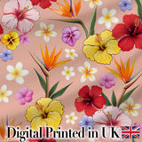 Tropical Hibiscus Bird of Paradise Floral Seamless Pattern Warm Beige  Digital Print Fabric by the Metre UK Sewing Quilting Textile