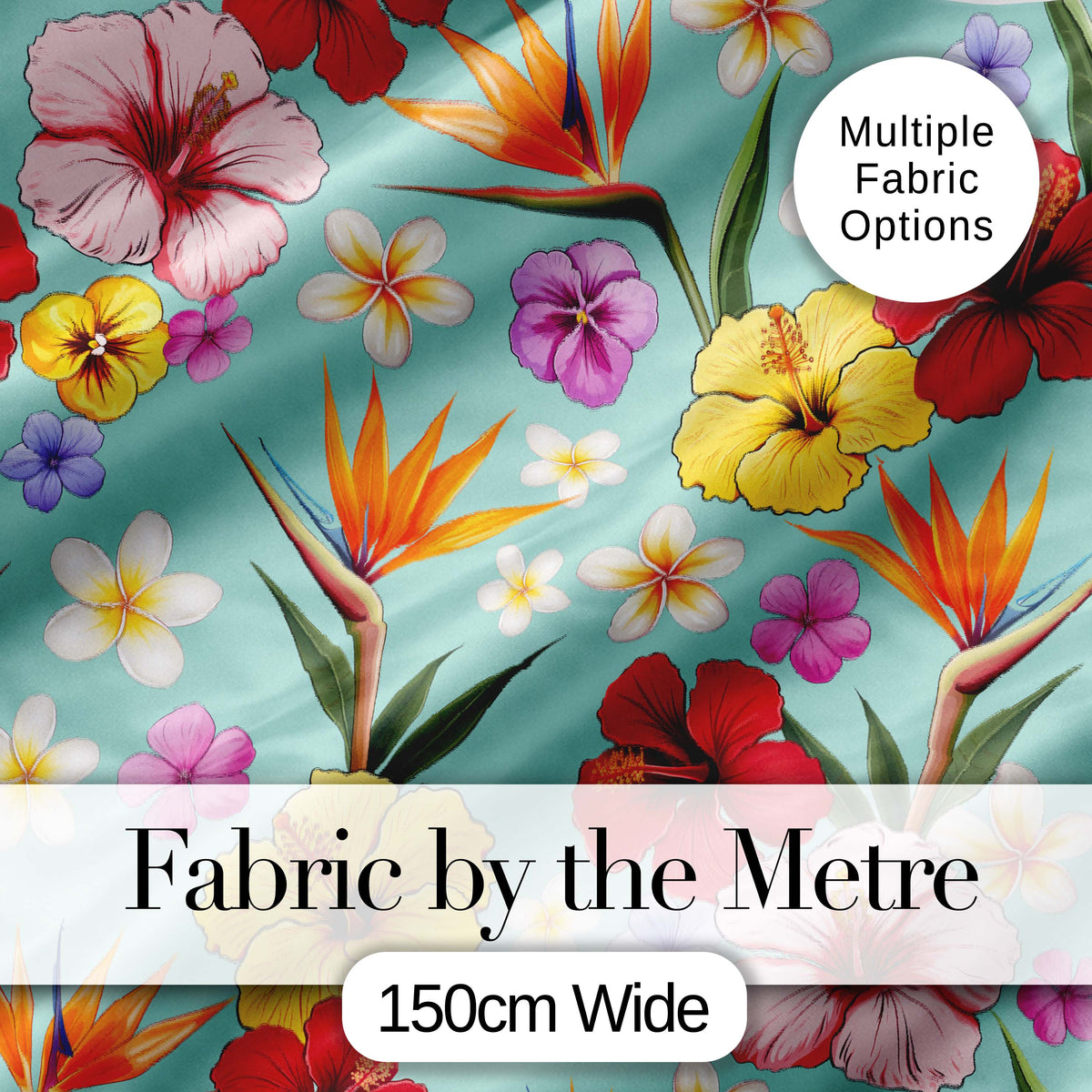 Tropical Hibiscus Bird of Paradise Floral Seamless Pattern Teal Blue Background Digital Print Fabric by the Metre UK Sewing Quilting Textile