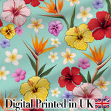 Tropical Hibiscus Bird of Paradise Floral Seamless Pattern Teal Blue Background Digital Print Fabric by the Metre UK Sewing Quilting Textile