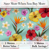 Tropical Hibiscus Bird of Paradise Floral Seamless Pattern Teal Blue Background Digital Print Fabric by the Metre UK Sewing Quilting Textile