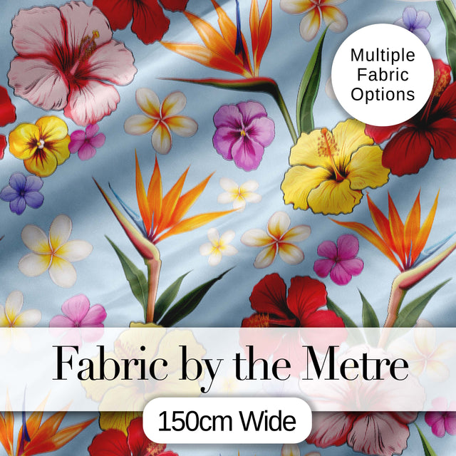 Tropical Hibiscus Bird of Paradise Floral Seamless Pattern Soft Blue Background Digital Print Fabric by the Metre UK Sewing Quilting Textile