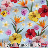 Tropical Hibiscus Bird of Paradise Floral Seamless Pattern Soft Blue Background Digital Print Fabric by the Metre UK Sewing Quilting Textile
