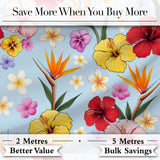 Tropical Hibiscus Bird of Paradise Floral Seamless Pattern Soft Blue Background Digital Print Fabric by the Metre UK Sewing Quilting Textile