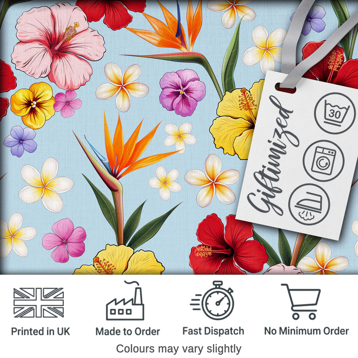 Tropical Hibiscus Bird of Paradise Floral Seamless Pattern Soft Blue Background Digital Print Fabric by the Metre UK Sewing Quilting Textile