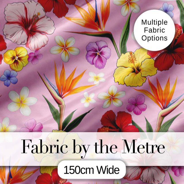 Tropical Hibiscus Bird of Paradise Floral Seamless Pattern Light Pink  Digital Print Fabric by the Metre UK Sewing Quilting Textile