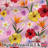 Tropical Hibiscus Bird of Paradise Floral Seamless Pattern Light Pink  Digital Print Fabric by the Metre UK Sewing Quilting Textile