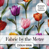 Elegant Tulip Floral Seamless Pattern Blue Gingham Check Background Digital Print Fabric by the Metre UK Sewing Quilting Textile