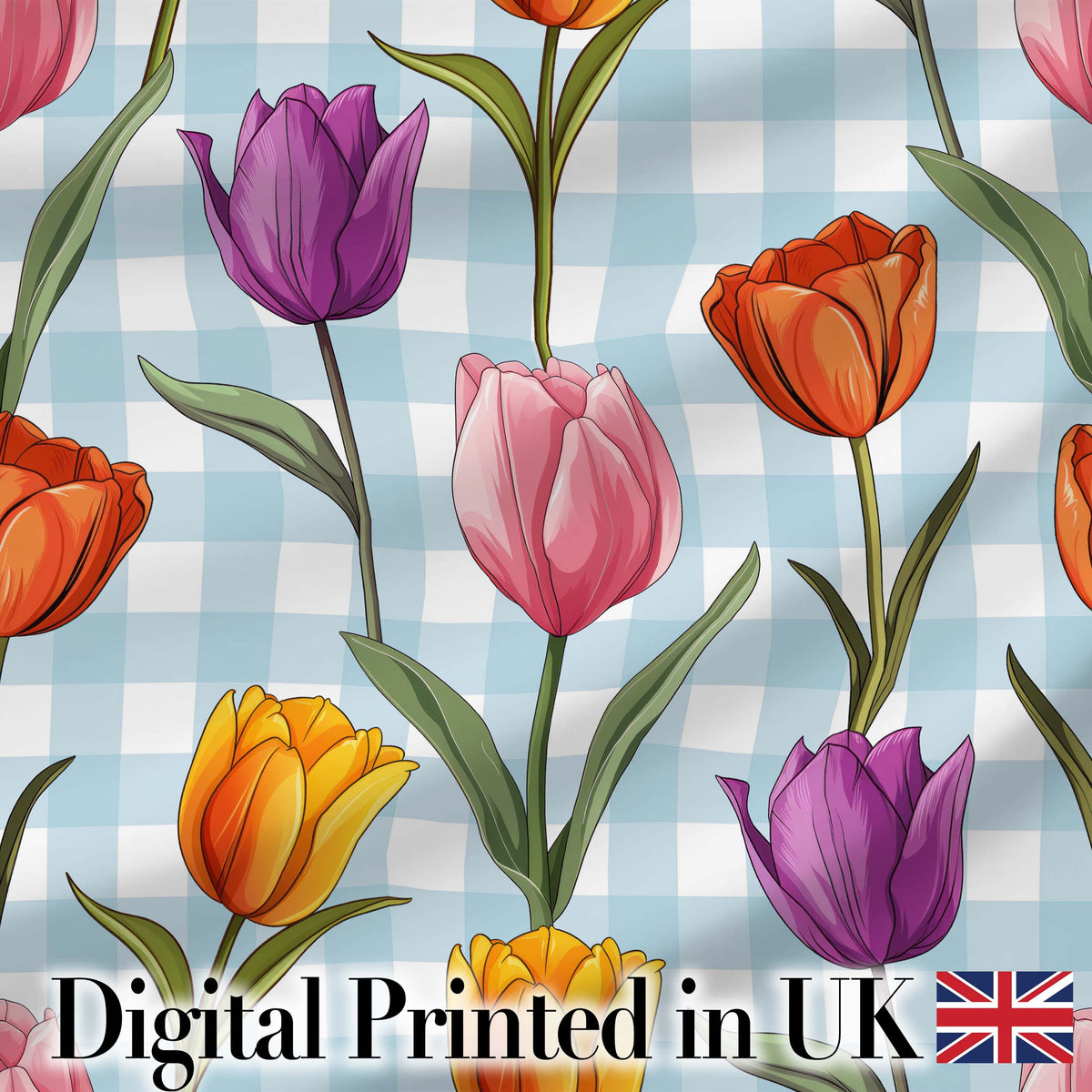Elegant Tulip Floral Seamless Pattern Blue Gingham Check Background Digital Print Fabric by the Metre UK Sewing Quilting Textile