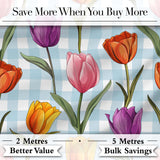 Elegant Tulip Floral Seamless Pattern Blue Gingham Check Background Digital Print Fabric by the Metre UK Sewing Quilting Textile