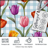 Elegant Tulip Floral Seamless Pattern Blue Gingham Check Background Digital Print Fabric by the Metre UK Sewing Quilting Textile