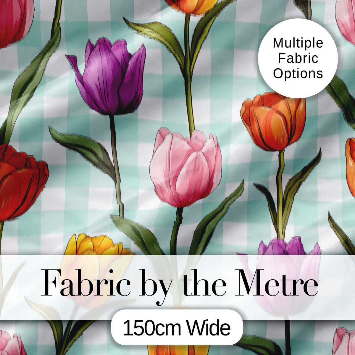 Elegant Tulip Floral Seamless Pattern Mint Gingham Check Background Digital Print Fabric by the Metre UK Sewing Quilting Textile