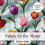 Elegant Tulip Floral Seamless Pattern Mint Gingham Check Background Digital Print Fabric by the Metre UK Sewing Quilting Textile