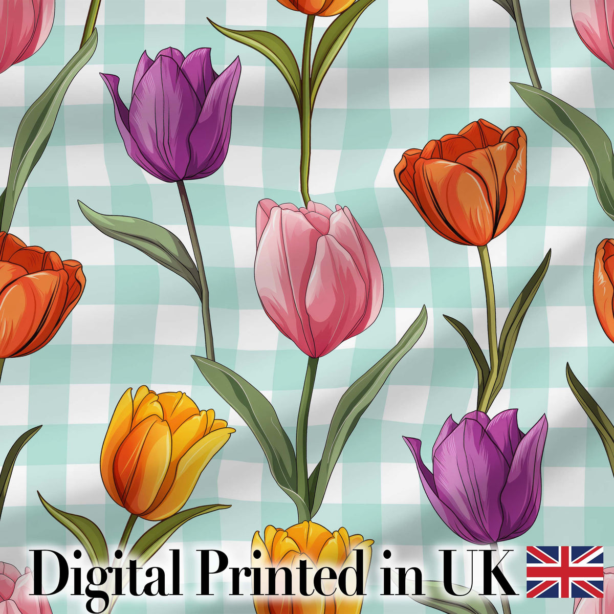 Elegant Tulip Floral Seamless Pattern Mint Gingham Check Background Digital Print Fabric by the Metre UK Sewing Quilting Textile