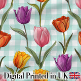 Elegant Tulip Floral Seamless Pattern Mint Gingham Check Background Digital Print Fabric by the Metre UK Sewing Quilting Textile