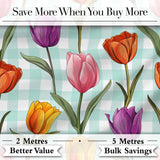 Elegant Tulip Floral Seamless Pattern Mint Gingham Check Background Digital Print Fabric by the Metre UK Sewing Quilting Textile