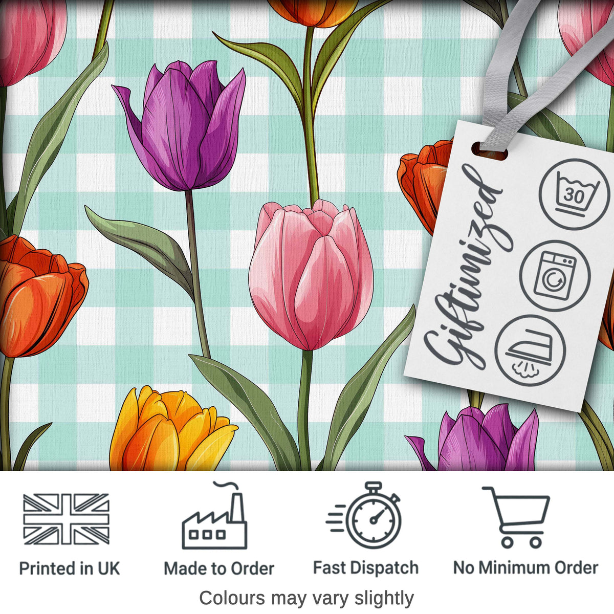 Elegant Tulip Floral Seamless Pattern Mint Gingham Check Background Digital Print Fabric by the Metre UK Sewing Quilting Textile
