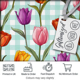 Elegant Tulip Floral Seamless Pattern Mint Gingham Check Background Digital Print Fabric by the Metre UK Sewing Quilting Textile