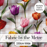 Elegant Tulip Floral Seamless Pattern Beige Gingham Check Background Digital Print Fabric by the Metre UK Sewing Quilting Textile