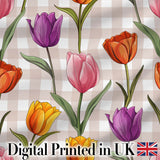 Elegant Tulip Floral Seamless Pattern Beige Gingham Check Background Digital Print Fabric by the Metre UK Sewing Quilting Textile