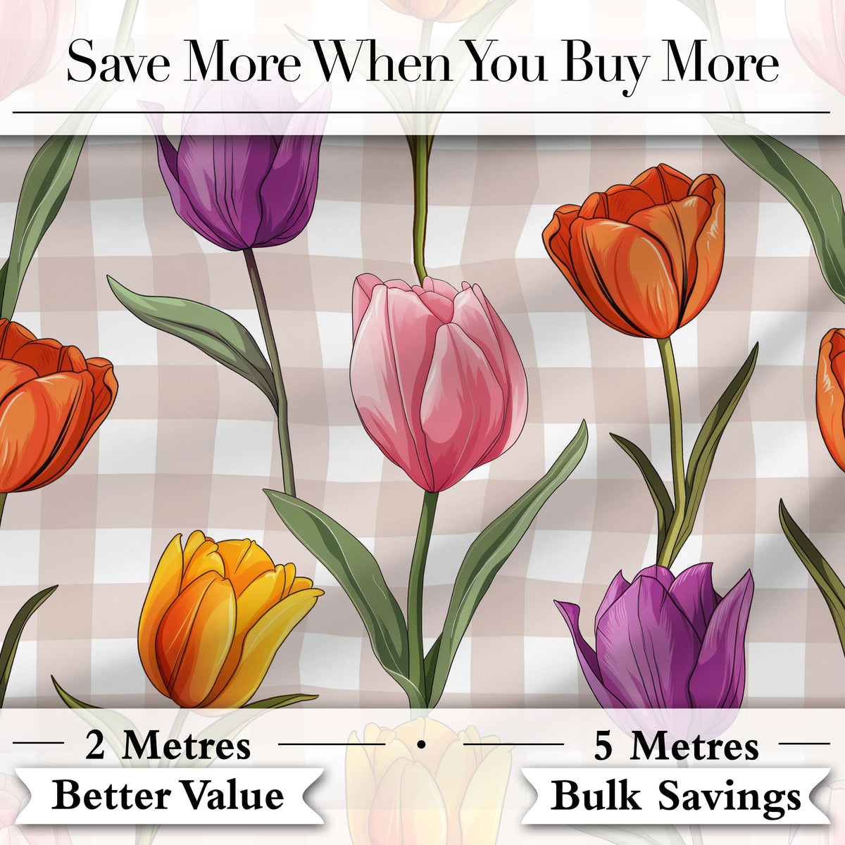 Elegant Tulip Floral Seamless Pattern Beige Gingham Check Background Digital Print Fabric by the Metre UK Sewing Quilting Textile