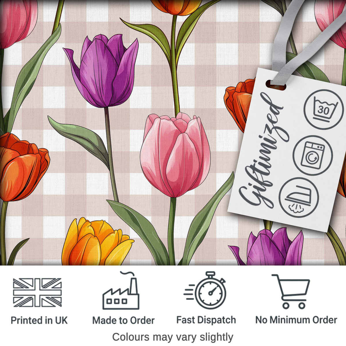 Elegant Tulip Floral Seamless Pattern Beige Gingham Check Background Digital Print Fabric by the Metre UK Sewing Quilting Textile