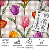 Elegant Tulip Floral Seamless Pattern Beige Gingham Check Background Digital Print Fabric by the Metre UK Sewing Quilting Textile
