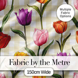 Elegant Tulip Floral Seamless Pattern Yellow Gingham Check Background Digital Print Fabric by the Metre UK Sewing Quilting Textile