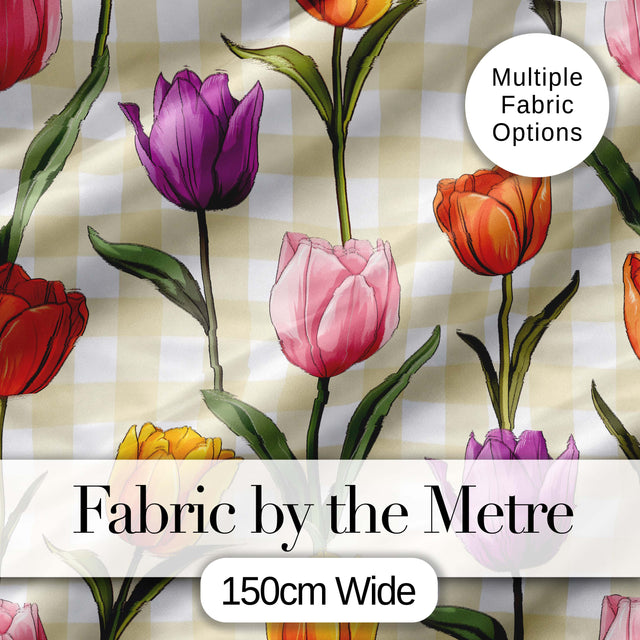 Elegant Tulip Floral Seamless Pattern Yellow Gingham Check Background Digital Print Fabric by the Metre UK Sewing Quilting Textile