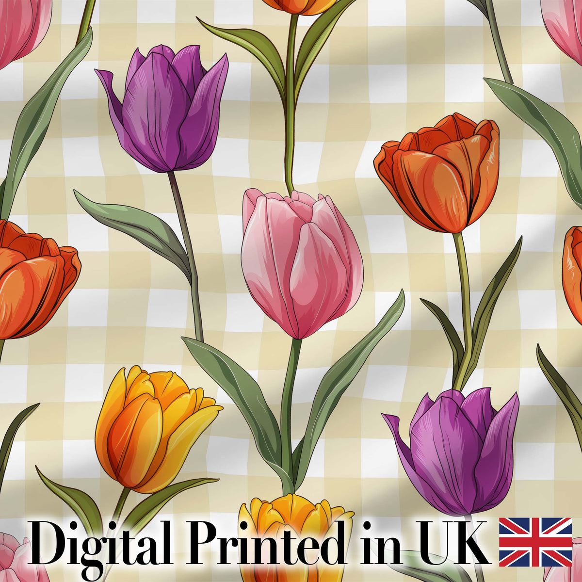Elegant Tulip Floral Seamless Pattern Yellow Gingham Check Background Digital Print Fabric by the Metre UK Sewing Quilting Textile