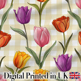 Elegant Tulip Floral Seamless Pattern Yellow Gingham Check Background Digital Print Fabric by the Metre UK Sewing Quilting Textile