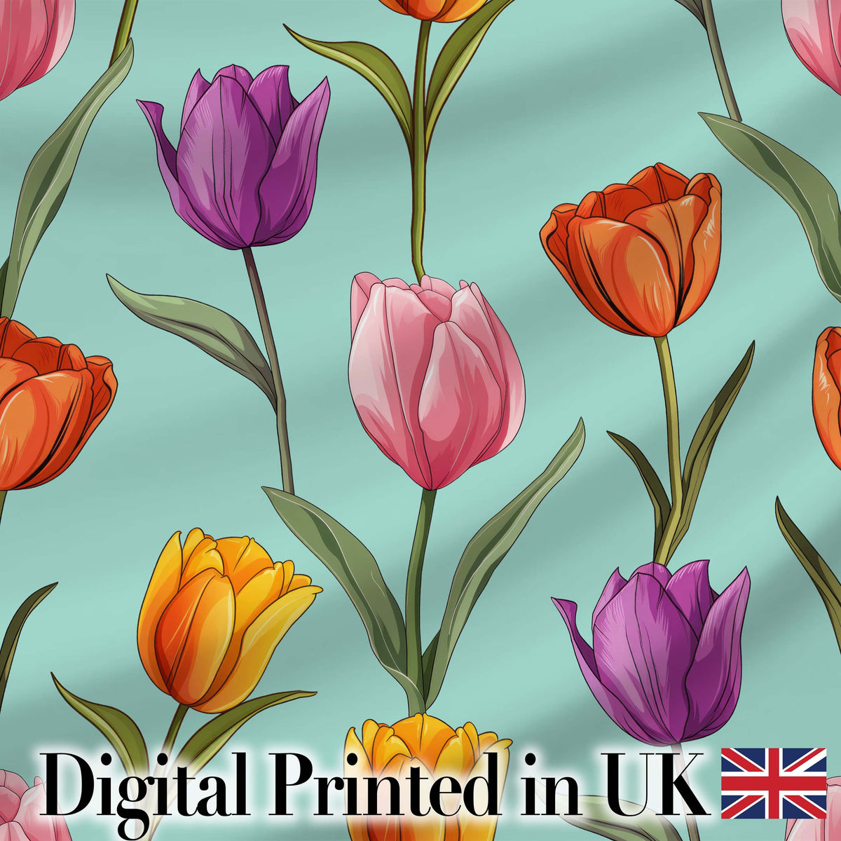 Elegant Tulip Floral Seamless Pattern Teal Background Digital Print Fabric by the Metre UK Sewing Quilting Textile