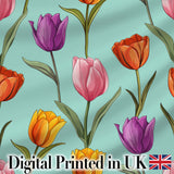 Elegant Tulip Floral Seamless Pattern Teal Background Digital Print Fabric by the Metre UK Sewing Quilting Textile