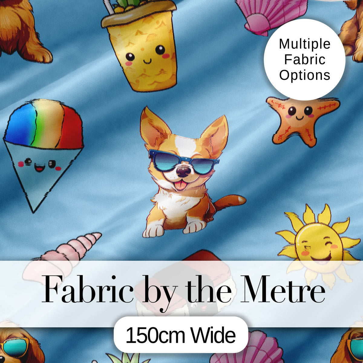 Cute Summer Chihuahua Dog Cartoon Seamless Pattern Blue Background Digital Print Fabric by the Metre UK Sewing Quilting Textile