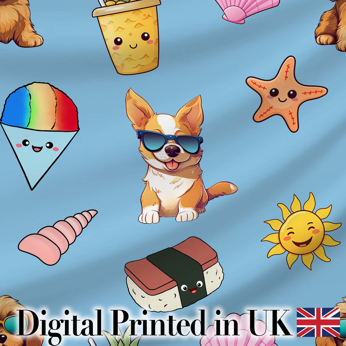 Cute Summer Chihuahua Dog Cartoon Seamless Pattern Blue Background Digital Print Fabric by the Metre UK Sewing Quilting Textile