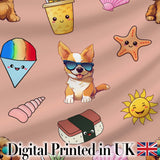 Cute Summer Chihuahua Dog Sunglasses Kawaii Beach  Seamless Pattern Digital Print Fabric by the Metre UK Sewing Quilting Textile