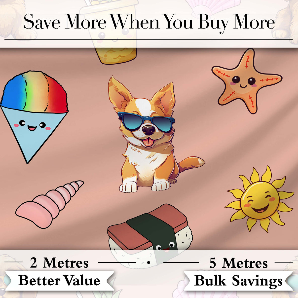 Cute Summer Chihuahua Dog Sunglasses Kawaii Beach  Seamless Pattern Digital Print Fabric by the Metre UK Sewing Quilting Textile