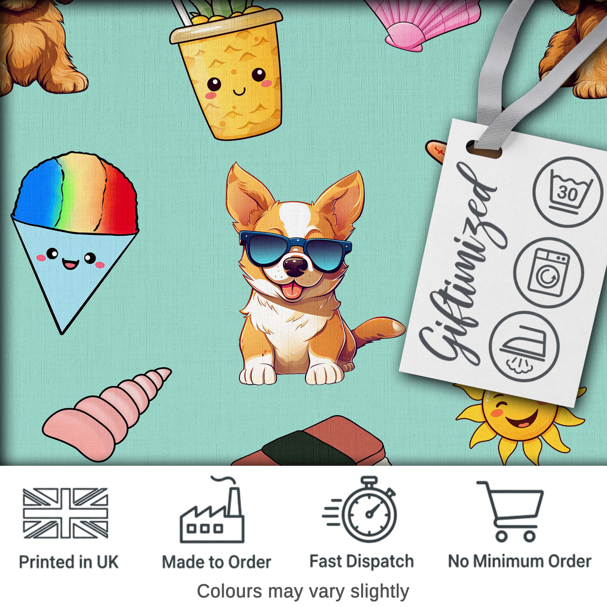 Summer Chihuahua Dog Sunglasses Kawaii Beach  Teal  Seamless Pattern Digital Print Fabric by the Metre UK Sewing Quilting Textile