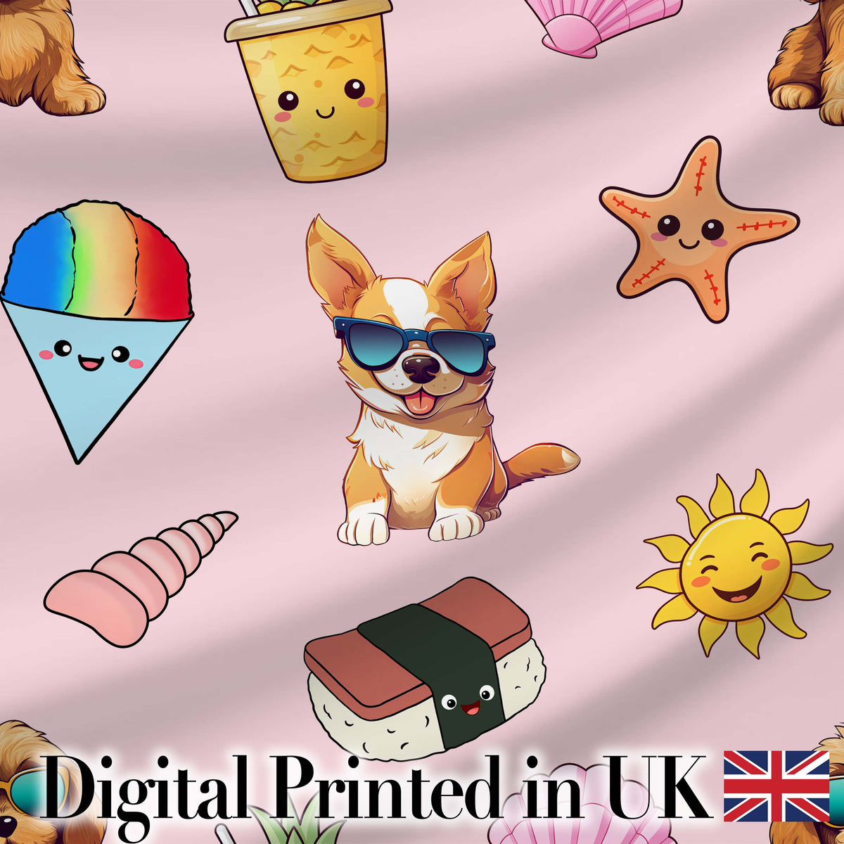 Summer Chihuahua Dog Sunglasses Kawaii Beach  Soft Pink  Seamless Pattern Digital Print Fabric by the Metre UK Sewing Quilting Textile